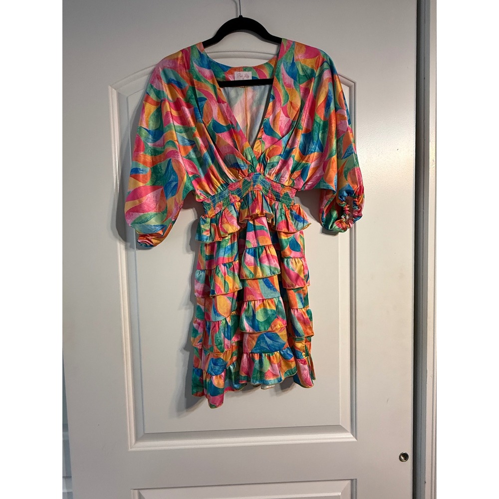 Pink Lily Mini Dress XS Multicolor Tiered Ruffle Smocked Waist Dopamine Dressing